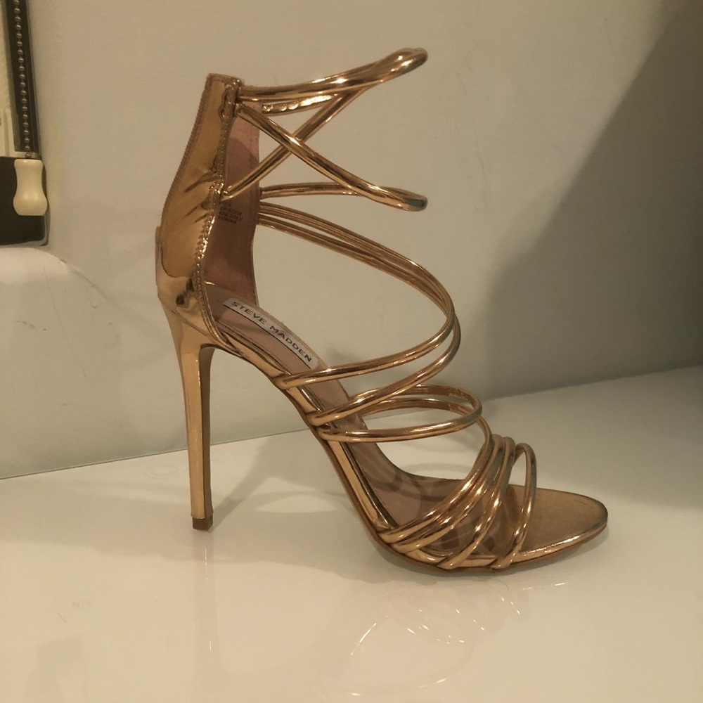Rose gold strappy pumps